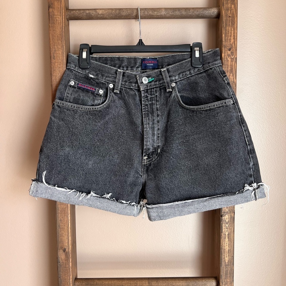90s Tommy Hilfiger Vintage Washed Black High-Rise Rolled Hem Denim Shorts